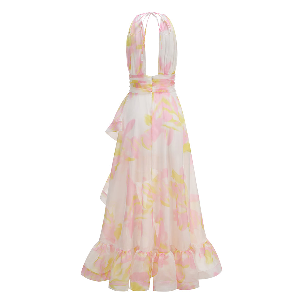 Halter Floral Ruffle Maxi Dress Pink Yellow HV3140