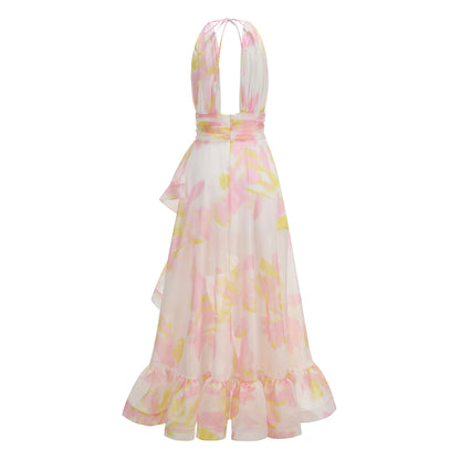 Halter Floral Ruffle Maxi Dress Pink Yellow HV3140