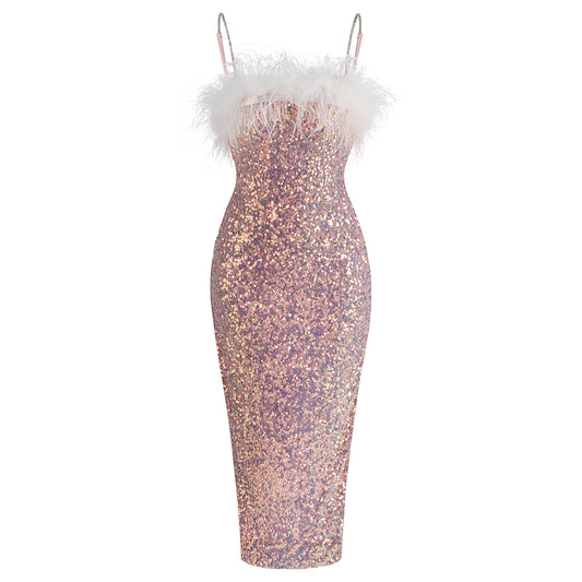 Feather Detail Sequin Midi Dress Pink White