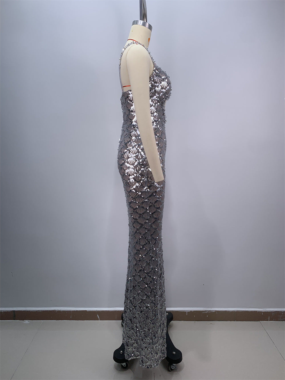 Crystal Bustier Sequin Maxi Dress Silver HV1627