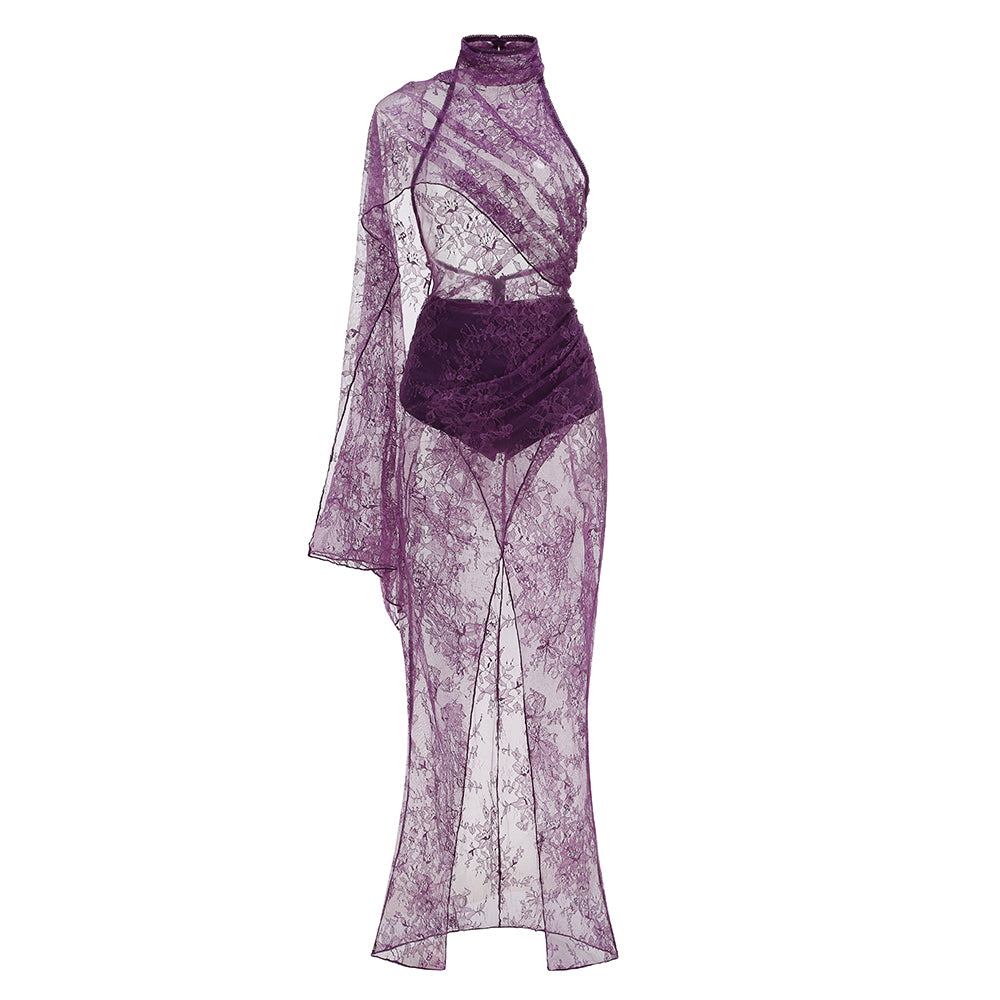 One Sleeve Draped Lace Maxi Dress HV3103