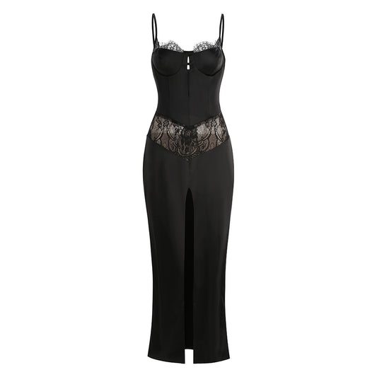 Lace Insert Bustier Maxi Dress Black HV2971