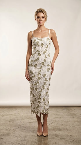 Floral Lace Midi Dress White Green HV3003