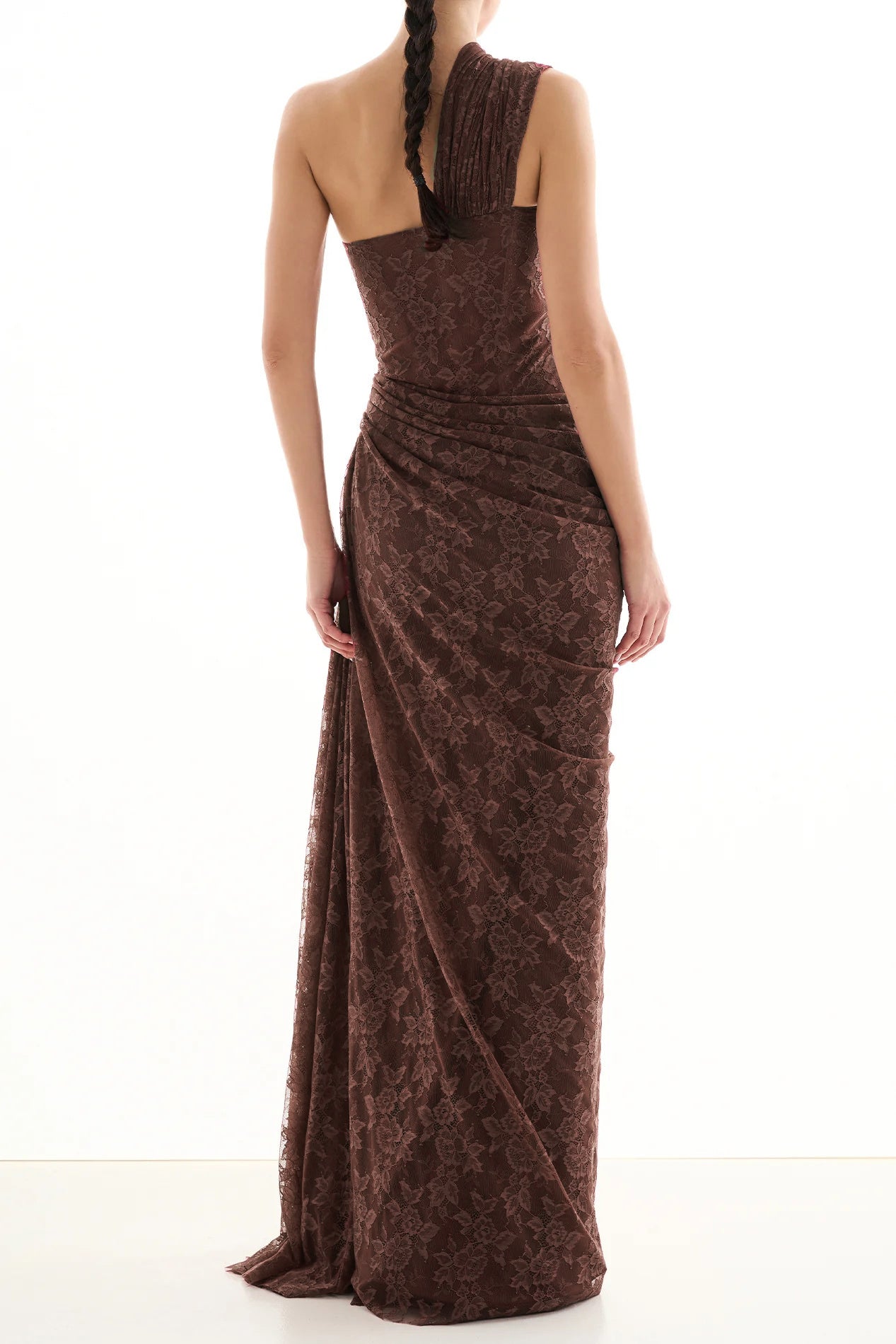 One Shoulder Draped Lace HV2677