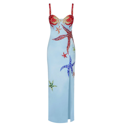 Crystal Bustier Starfish Detail Maxi Dress Blue HV7767