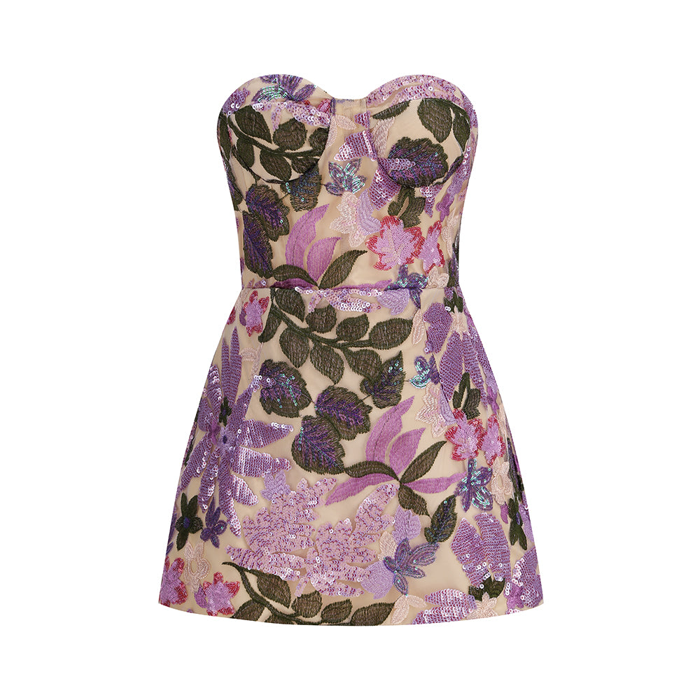 Strapless Floral Sequin Corset Dress Lavender HV3175