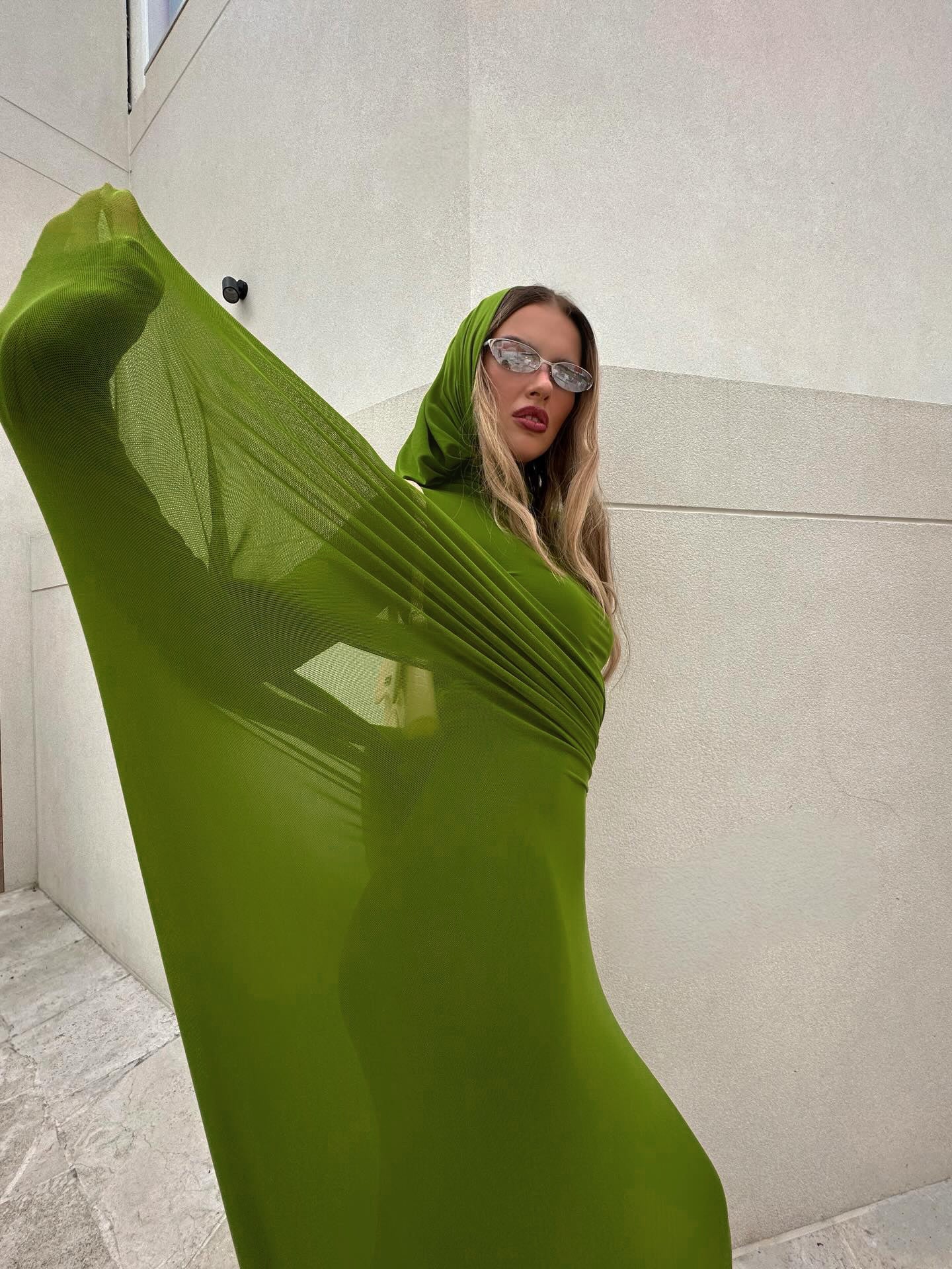 Long Sleeve Draped Maxi Dress Green HV0054