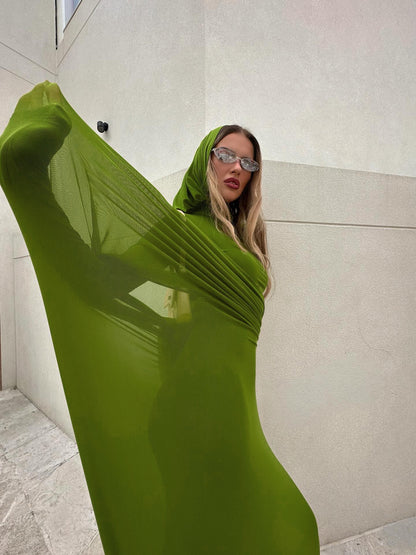 Long Sleeve Draped Maxi Dress Green HV0054