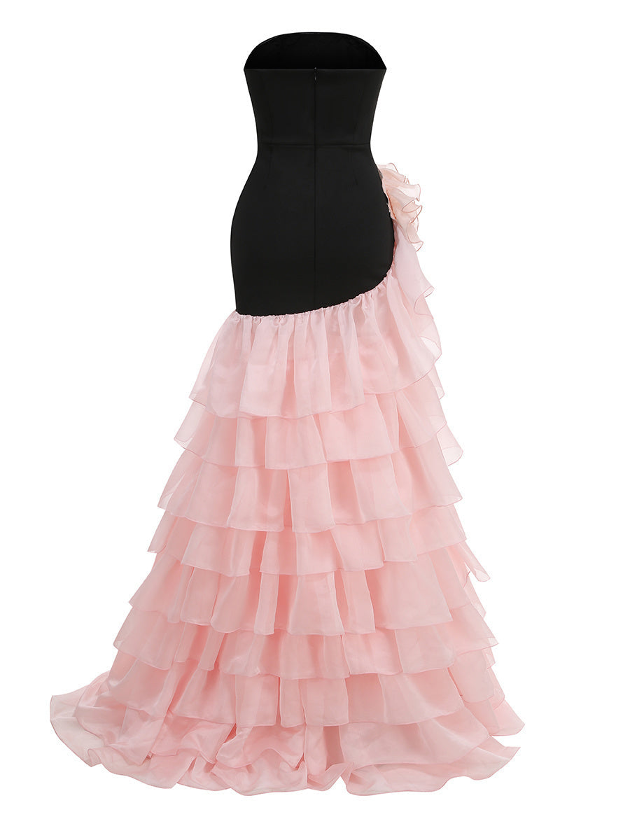 Strapless Floral Ruffle Maxi Dress Black Pink HV2811