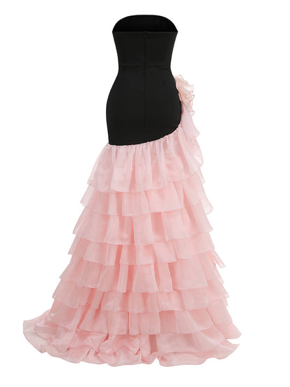 Strapless Floral Ruffle Maxi Dress Black Pink HV2811