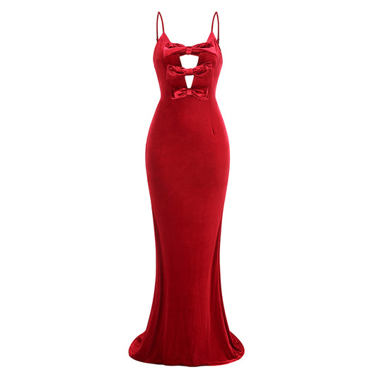 Bow Detail Maxi Velvet Dress Red HV1659