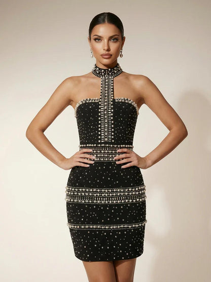 Halter Pearl Crystal Dress Black HV2723