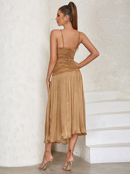 Draped Pleated A Line Midi Dress Brown HV9522