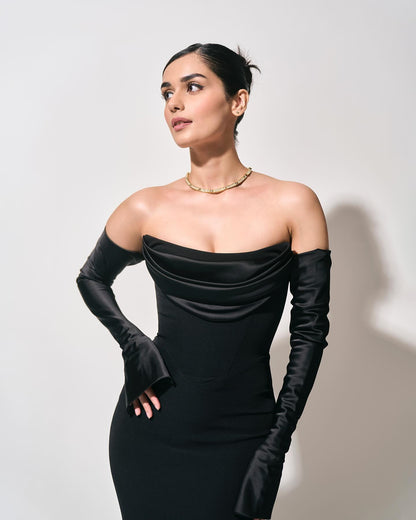 Long Sleeve Strapless Draped Maxi Dress HV2127