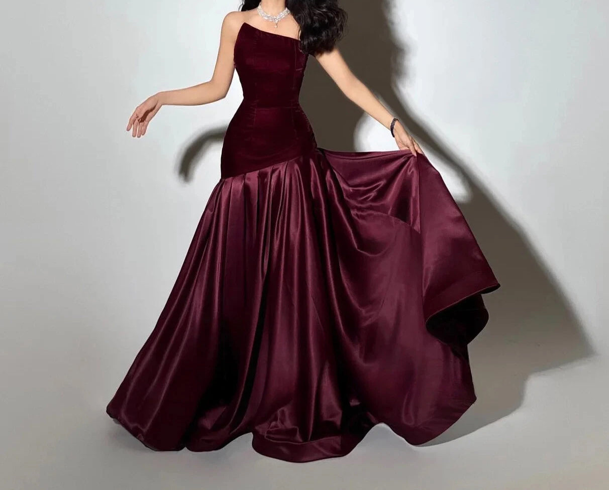 Strapless A Line Maxi Velvet Dress Burgundy HV3186