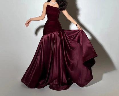 Strapless A Line Maxi Velvet Dress Burgundy HV3186