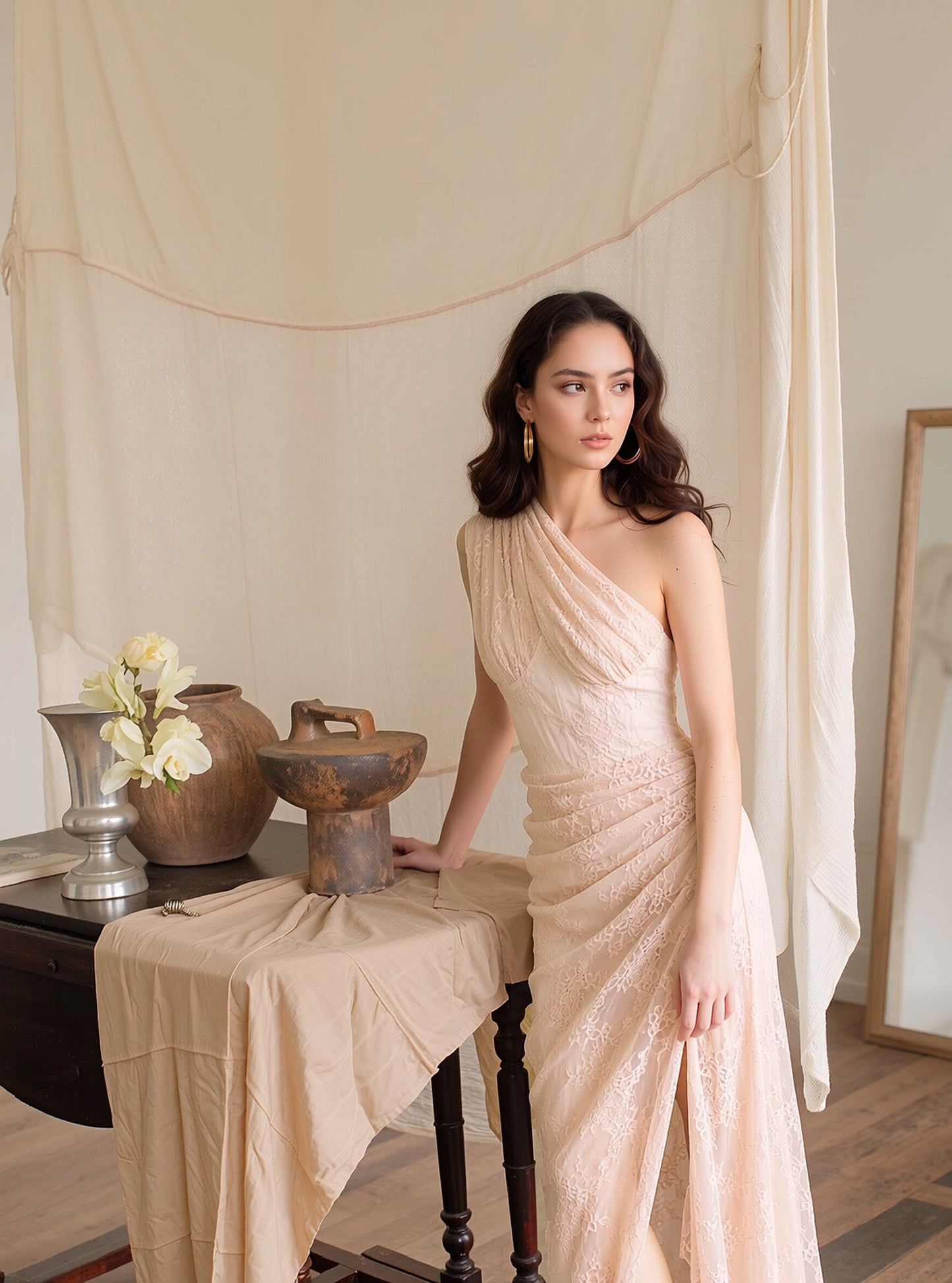 One Shoulder Draped Lace Maxi Dress Light Nude HV2677