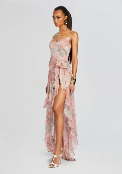 Printed Ruffle Asymmetric Maxi Dress Pink HV1614