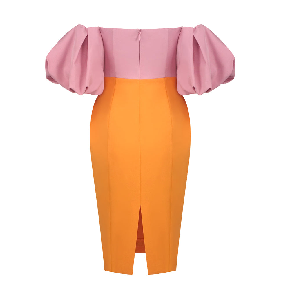 Puff Sleeve Bardot Midi Dress Pink Orange HV0002