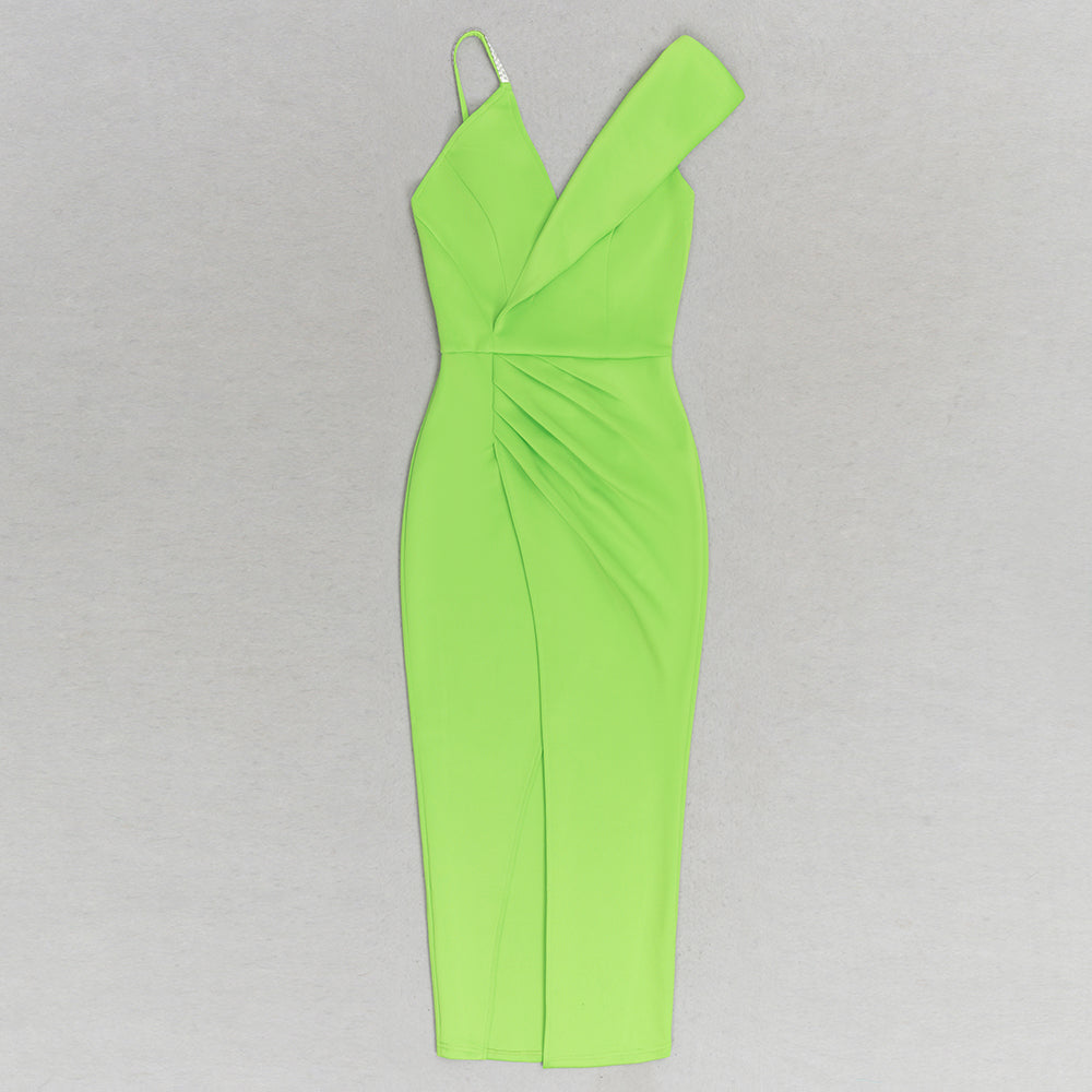 One Shoulder Draped Asymmetric Midi Dress Green HV9672