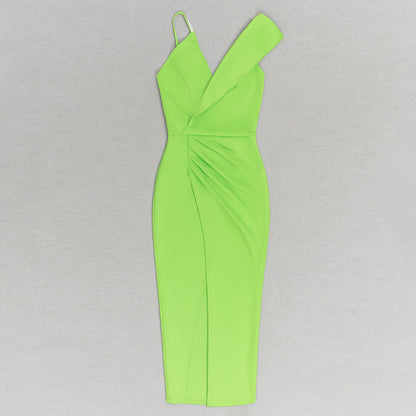 One Shoulder Draped Asymmetric Midi Dress Green HV9672