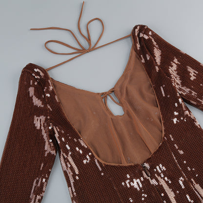 Long Sleeve Sequin Backless Dress Brown
