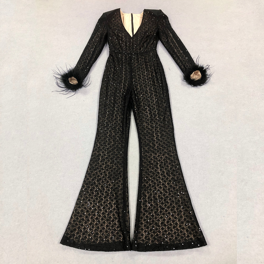 Feather Long Sleeve Sequin Jumpsuit Black HV1470