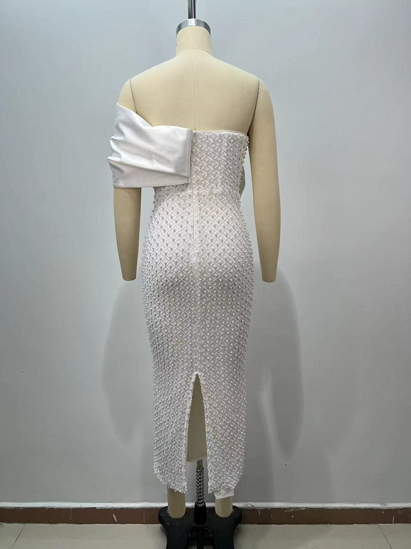 Draped Bardot Pearl Embellished Maxi Dress White HV3162
