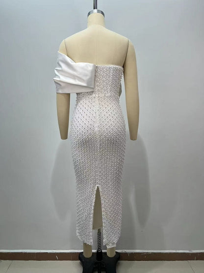 Draped Bardot Pearl Embellished Maxi Dress White HV3162