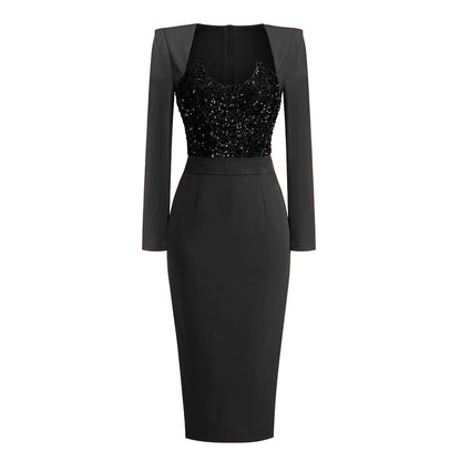 Long Sleeve Sequin Insert Midi Dress  HV1565