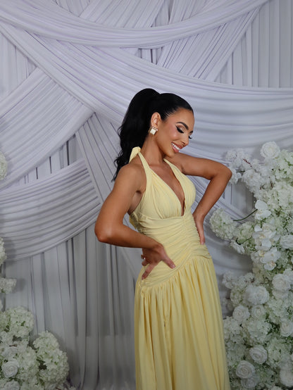Halter Corset A Line Maxi Dress Yellow HV2960