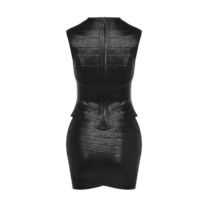 Woodgrain Foil Print Two Piece Dress Black HV2707