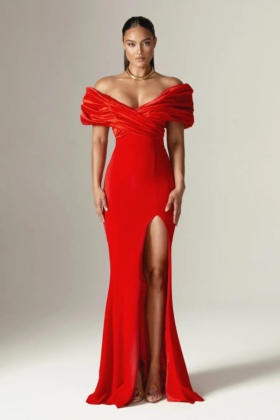 Draped Design Bardot Maxi Dress Red HV1994