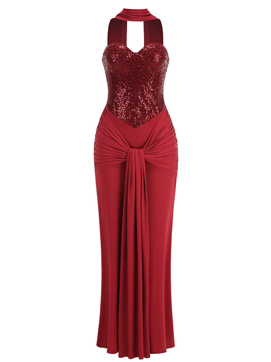 Strapless Sequin Draped Maxi Dress Red HV2813