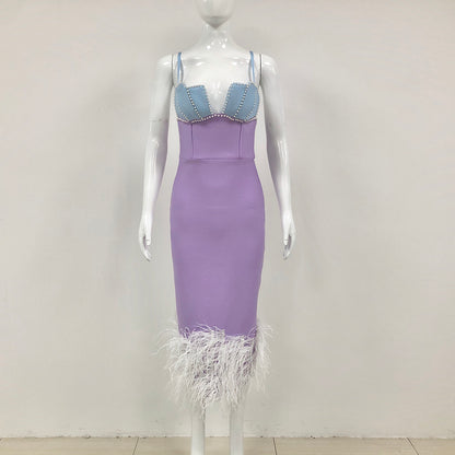 Pearl Bustier Feather Detail Midi Dress Purple HV1800