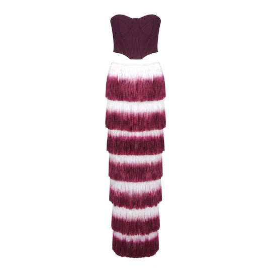 Strapless Tassel Two Piece Maxi Dress Burgundy HV2598