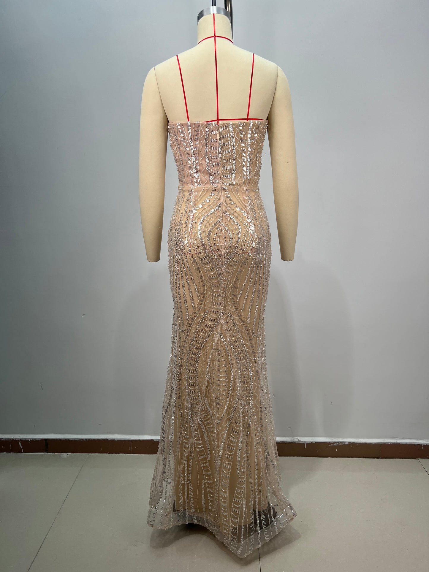 Strapless Crystal Sequin Maxi Dress Nude HV2196