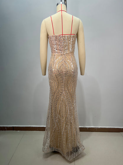 Strapless Crystal Sequin Maxi Dress Nude HV2196