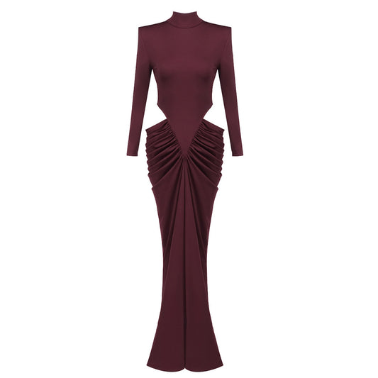 Long Sleeve Draped Cut Out Detail Maxi Dress Burgundy HV2675