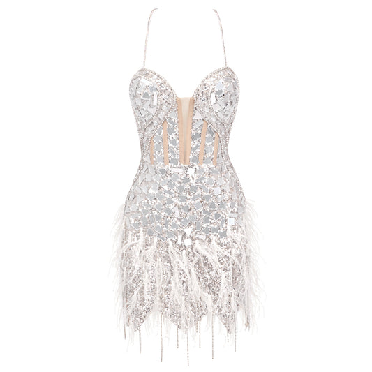 Halter Crystal Feather Sequin Dress Silver HV1442