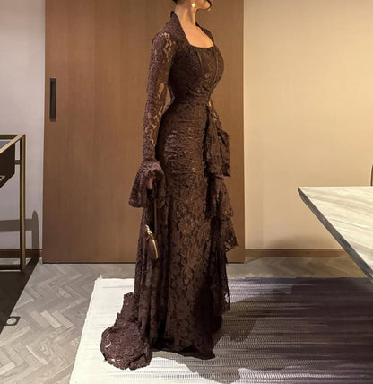 Long Sleeve Ruffle Detail Lace Maxi Dress Brown HV3238