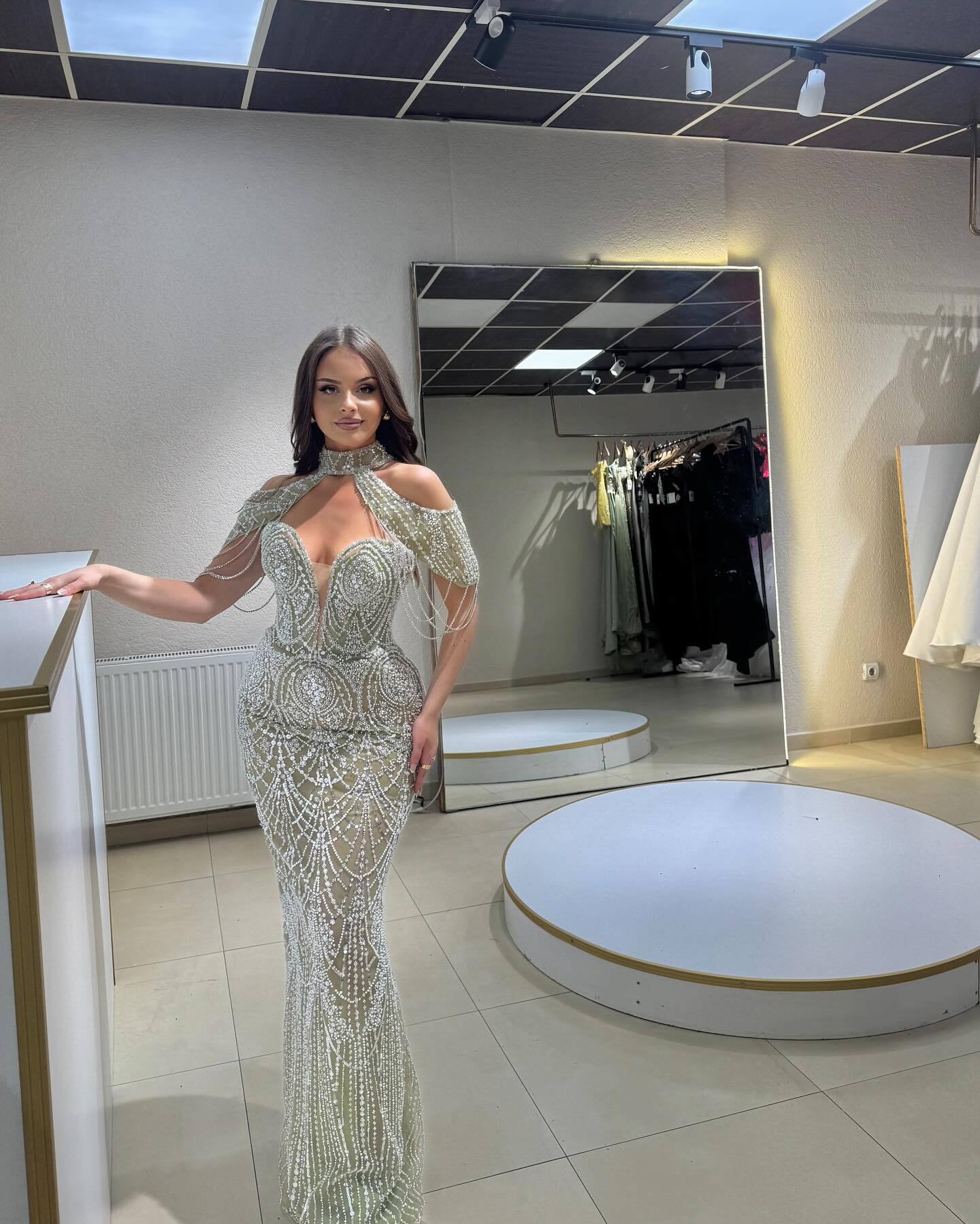 Cold Shoulder Crystal Pearl Maxi Dress Green HV2951