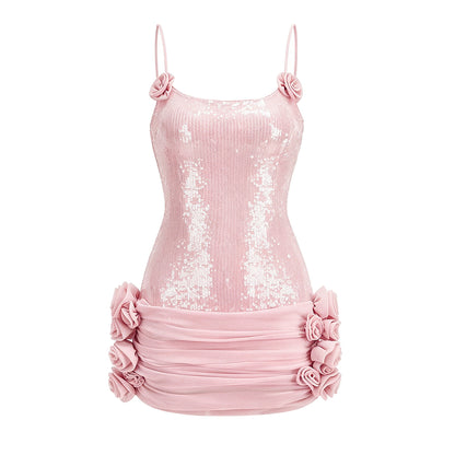 Floral Draped Sequin Corset Dress Pink HV2207