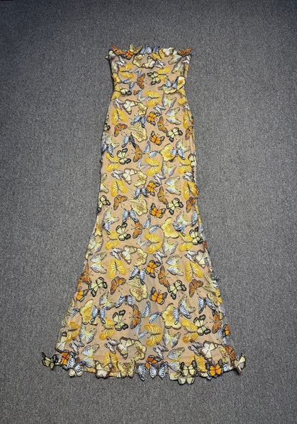 Strapless Butterfly Detail Corset Maxi Dress Yellow HV2740