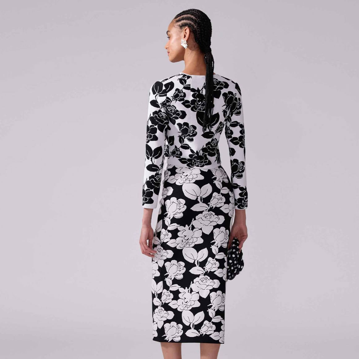 Long Sleeve Floral Two Piece Midi Dress Black White  HV2154