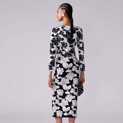 Long Sleeve Floral Two Piece Midi Dress Black White  HV2154