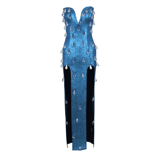 Strapless Crystal Woodgrain Foil Print Maxi Dress HV1294