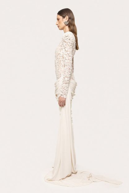 Long Sleeve Draped Sequin Lace Dress White HV0002