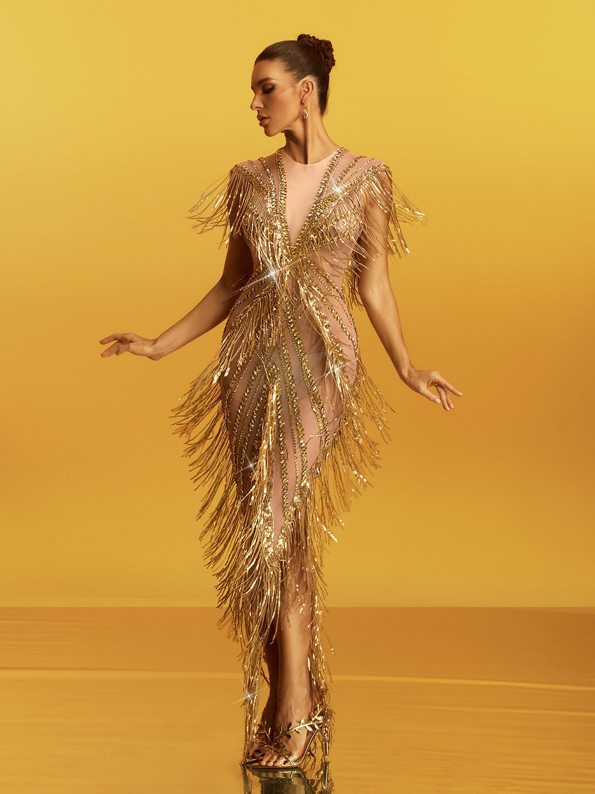 Crystal Tassel Mesh Maxi Dress Gold HV3091