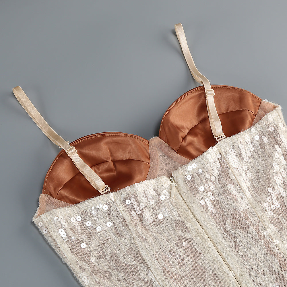 Leaf Detail Bustier Sequin Lace Maxi Dress Brown Nude HV2504